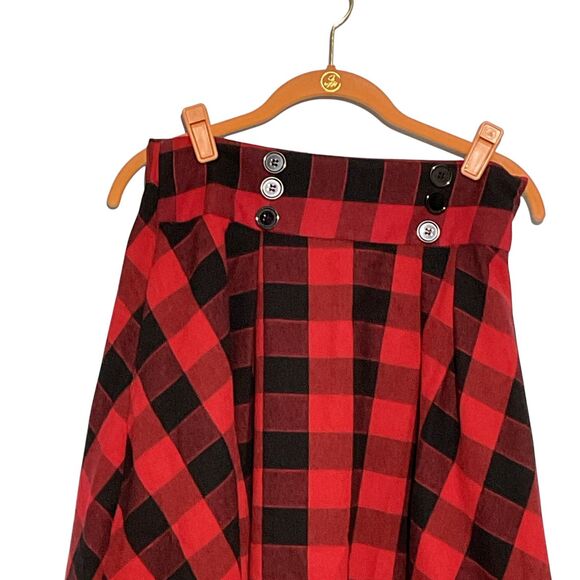 Belle Poque Red Plaid A-Line Skirt, Elastic Waist, Pockets - Picture 3 of 8